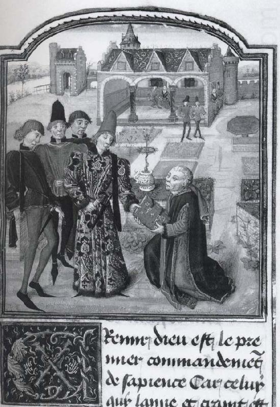 Guillbert de Lannoy presenting his book L-Instruction d-un jeune prince to Charles the Bold in a garden, unknow artist